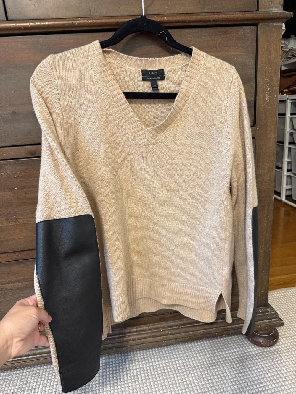 J. Crew Women’s V-Neck Tan Cashmere Sweater with Black leather Elbow Patches